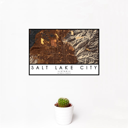 12x18 Salt Lake City Utah Map Print Landscape Orientation in Ember Style With Small Cactus Plant in White Planter
