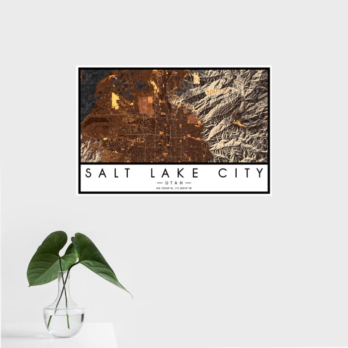 16x24 Salt Lake City Utah Map Print Landscape Orientation in Ember Style With Tropical Plant Leaves in Water