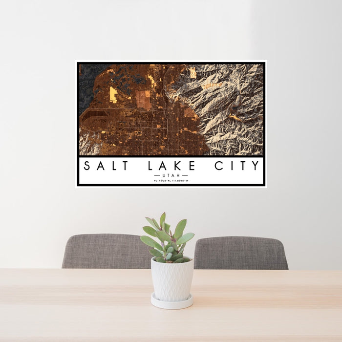 24x36 Salt Lake City Utah Map Print Landscape Orientation in Ember Style Behind 2 Chairs Table and Potted Plant