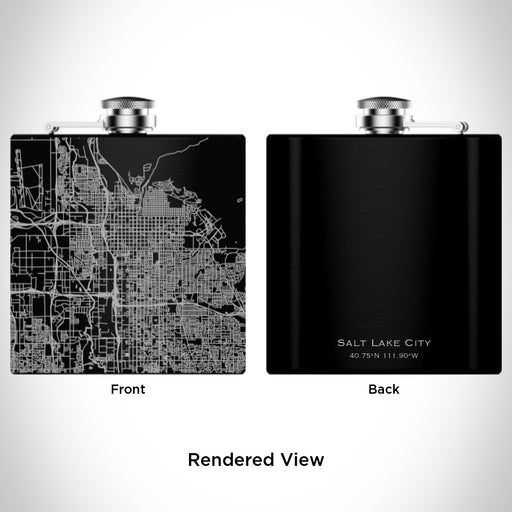 Rendered View of Salt Lake City Utah Map Engraving on 6oz Stainless Steel Flask in Black