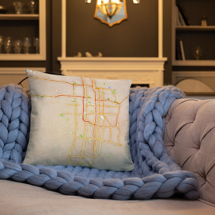 Custom Salt Lake City Utah Map Throw Pillow in Watercolor on Cream Colored Couch