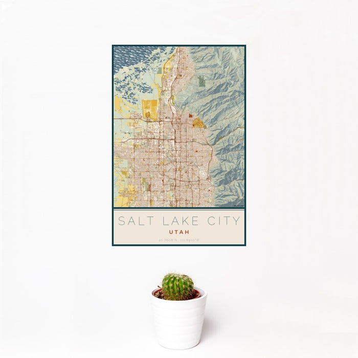 12x18 Salt Lake City Utah Map Print Portrait Orientation in Woodblock Style With Small Cactus Plant in White Planter