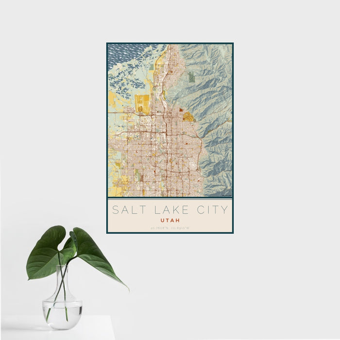 16x24 Salt Lake City Utah Map Print Portrait Orientation in Woodblock Style With Tropical Plant Leaves in Water