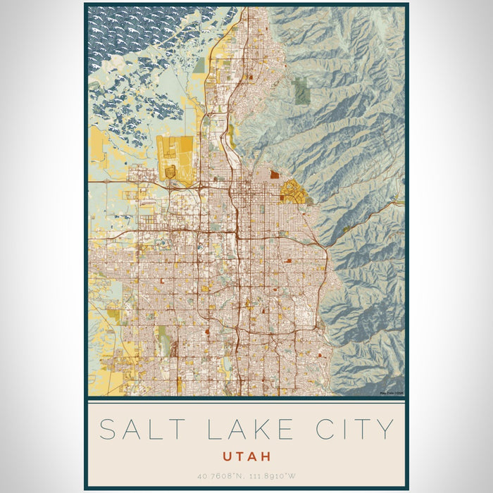 Salt Lake City Utah Map Print Portrait Orientation in Woodblock Style With Shaded Background