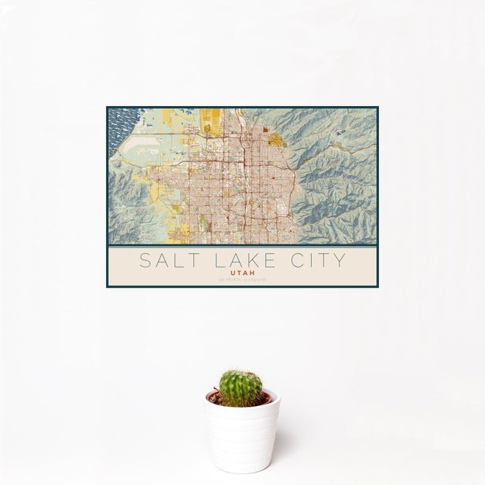 12x18 Salt Lake City Utah Map Print Landscape Orientation in Woodblock Style With Small Cactus Plant in White Planter