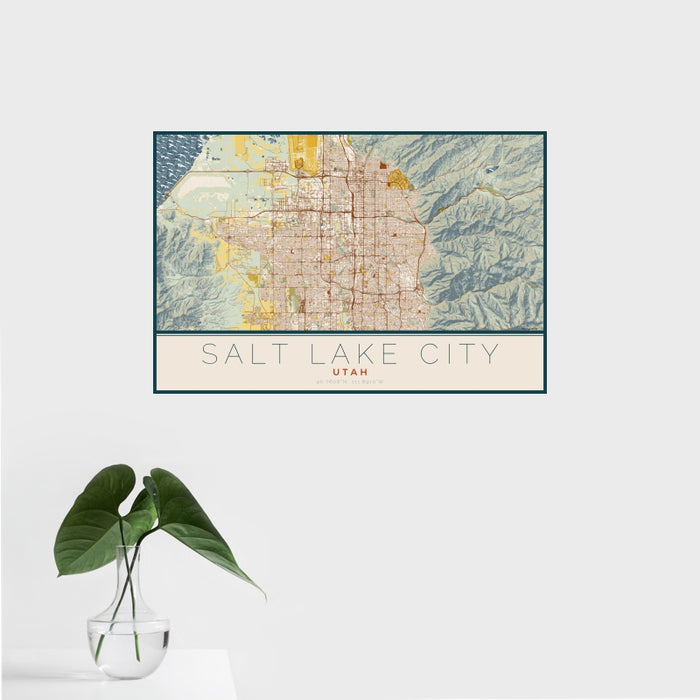 16x24 Salt Lake City Utah Map Print Landscape Orientation in Woodblock Style With Tropical Plant Leaves in Water