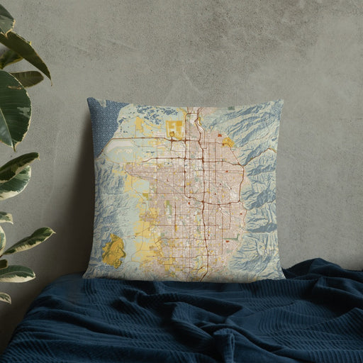 Custom Salt Lake City Utah Map Throw Pillow in Woodblock on Bedding Against Wall