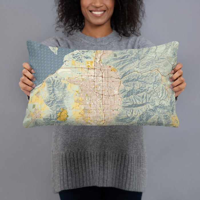 Person holding 20x12 Custom Salt Lake City Utah Map Throw Pillow in Woodblock