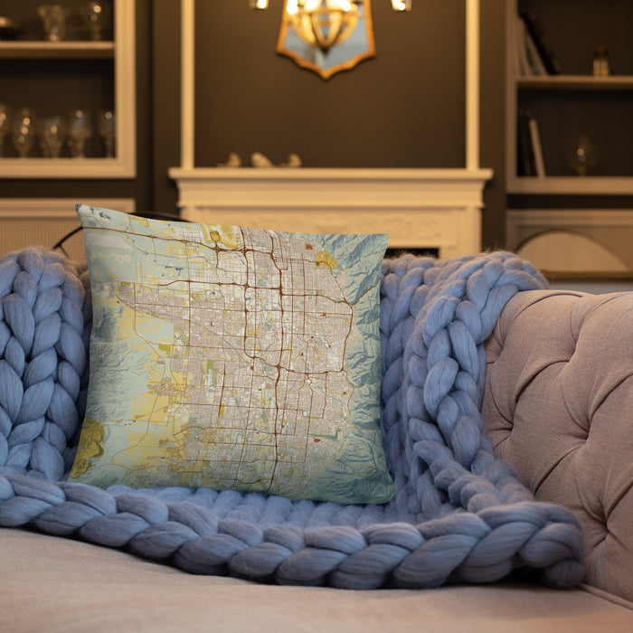 Custom Salt Lake City Utah Map Throw Pillow in Woodblock on Cream Colored Couch