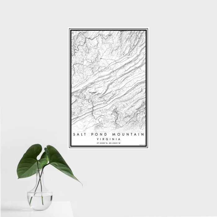16x24 Salt Pond Mountain Virginia Map Print Portrait Orientation in Classic Style With Tropical Plant Leaves in Water