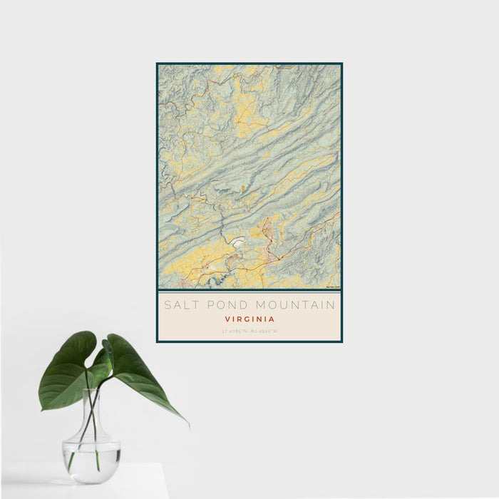 16x24 Salt Pond Mountain Virginia Map Print Portrait Orientation in Woodblock Style With Tropical Plant Leaves in Water