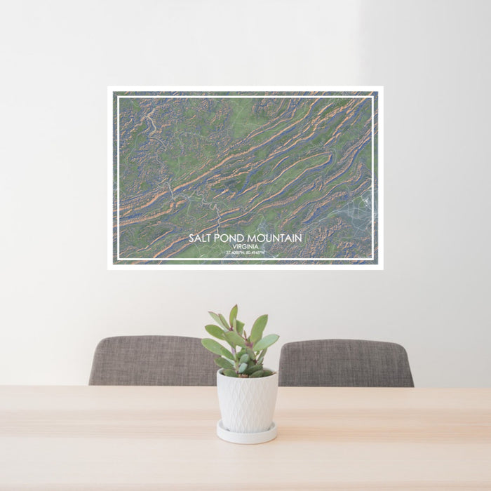 24x36 Salt Pond Mountain Virginia Map Print Lanscape Orientation in Afternoon Style Behind 2 Chairs Table and Potted Plant