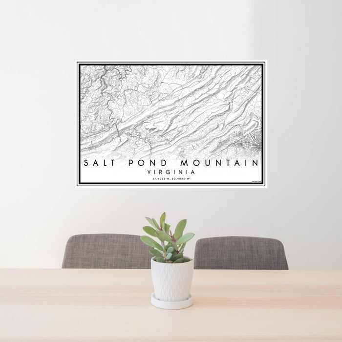 24x36 Salt Pond Mountain Virginia Map Print Lanscape Orientation in Classic Style Behind 2 Chairs Table and Potted Plant