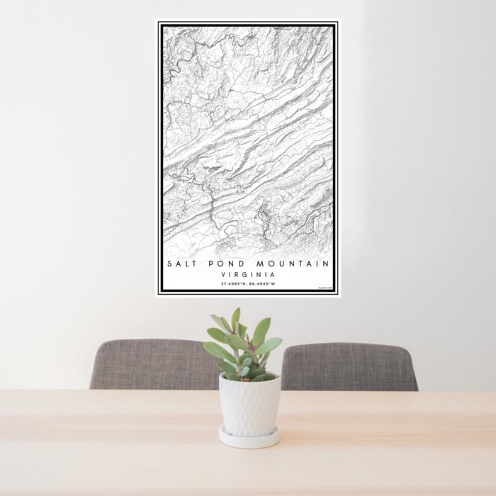 24x36 Salt Pond Mountain Virginia Map Print Portrait Orientation in Classic Style Behind 2 Chairs Table and Potted Plant