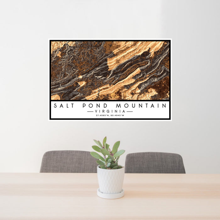 24x36 Salt Pond Mountain Virginia Map Print Lanscape Orientation in Ember Style Behind 2 Chairs Table and Potted Plant