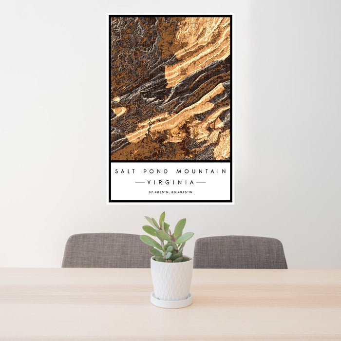 24x36 Salt Pond Mountain Virginia Map Print Portrait Orientation in Ember Style Behind 2 Chairs Table and Potted Plant