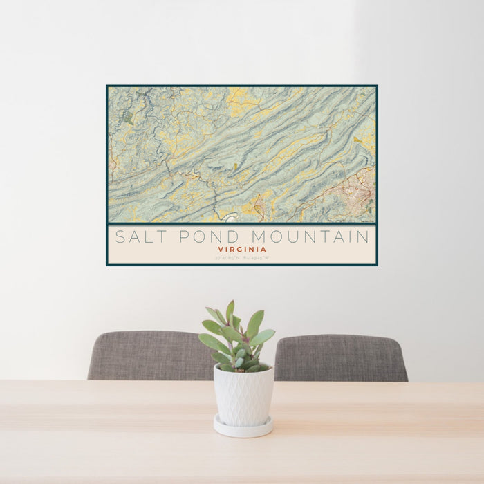 24x36 Salt Pond Mountain Virginia Map Print Lanscape Orientation in Woodblock Style Behind 2 Chairs Table and Potted Plant