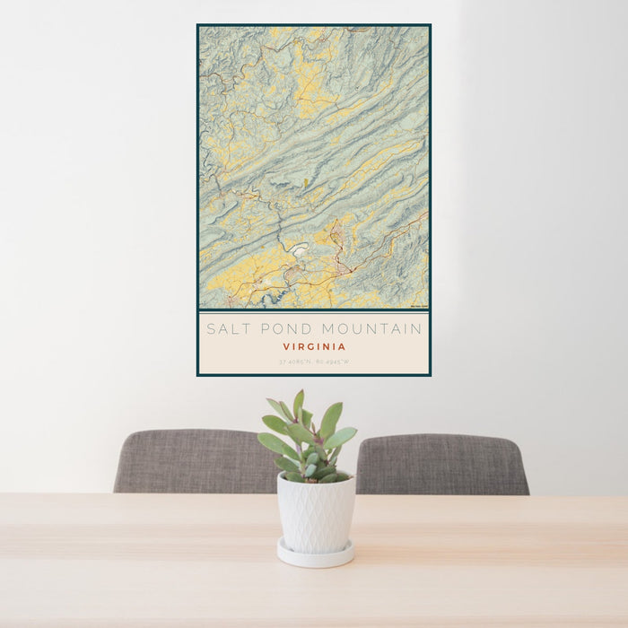 24x36 Salt Pond Mountain Virginia Map Print Portrait Orientation in Woodblock Style Behind 2 Chairs Table and Potted Plant