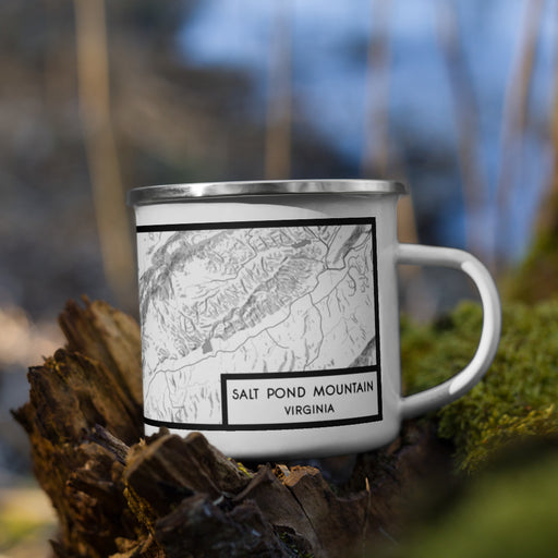 Right View Custom Salt Pond Mountain Virginia Map Enamel Mug in Classic on Grass With Trees in Background