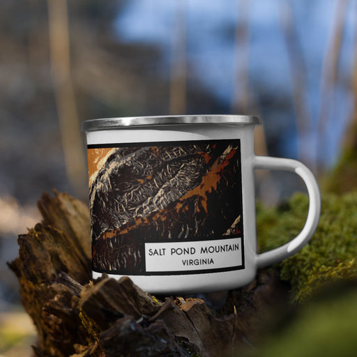 Right View Custom Salt Pond Mountain Virginia Map Enamel Mug in Ember on Grass With Trees in Background