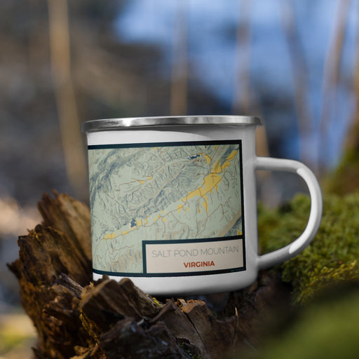 Right View Custom Salt Pond Mountain Virginia Map Enamel Mug in Woodblock on Grass With Trees in Background