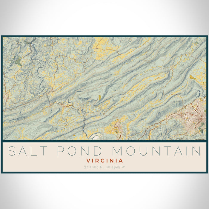 Salt Pond Mountain Virginia Map Print Landscape Orientation in Woodblock Style With Shaded Background