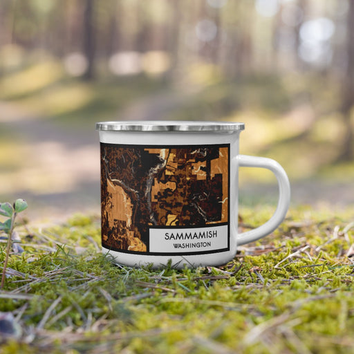 Right View Custom Sammamish Washington Map Enamel Mug in Ember on Grass With Trees in Background