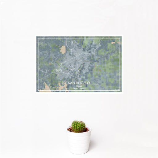 12x18 San Angelo Texas Map Print Landscape Orientation in Afternoon Style With Small Cactus Plant in White Planter