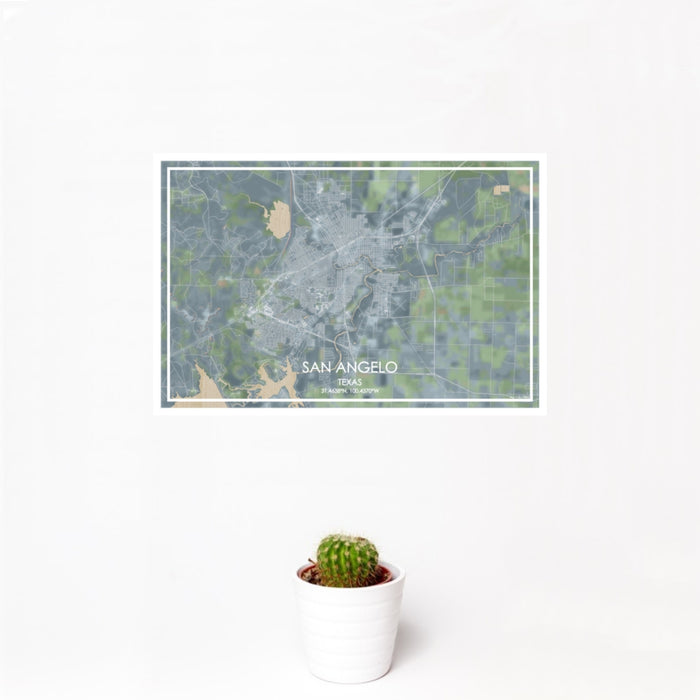 12x18 San Angelo Texas Map Print Landscape Orientation in Afternoon Style With Small Cactus Plant in White Planter
