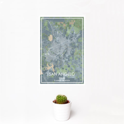 12x18 San Angelo Texas Map Print Portrait Orientation in Afternoon Style With Small Cactus Plant in White Planter