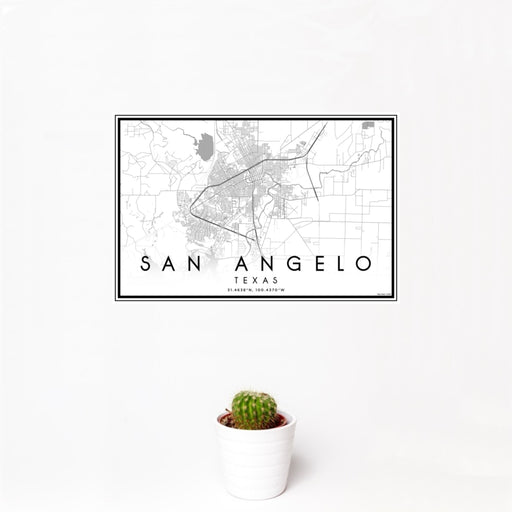 12x18 San Angelo Texas Map Print Landscape Orientation in Classic Style With Small Cactus Plant in White Planter