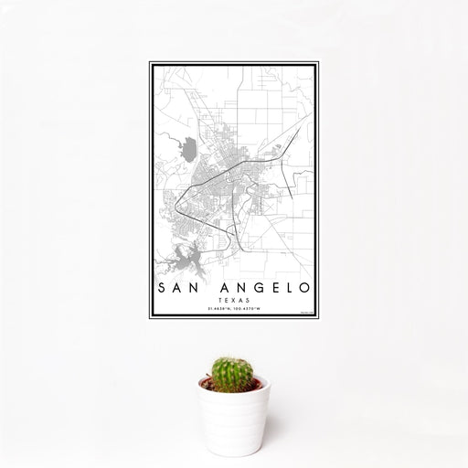 12x18 San Angelo Texas Map Print Portrait Orientation in Classic Style With Small Cactus Plant in White Planter