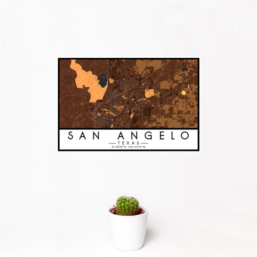 12x18 San Angelo Texas Map Print Landscape Orientation in Ember Style With Small Cactus Plant in White Planter