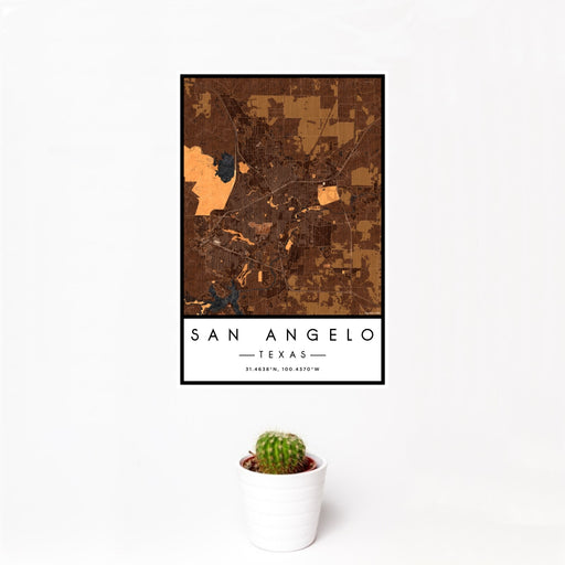 12x18 San Angelo Texas Map Print Portrait Orientation in Ember Style With Small Cactus Plant in White Planter
