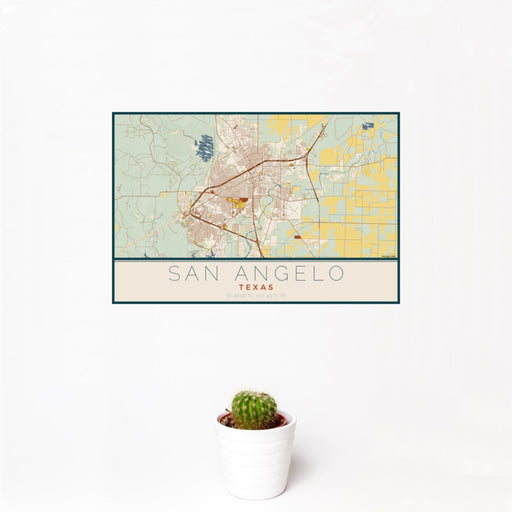 12x18 San Angelo Texas Map Print Landscape Orientation in Woodblock Style With Small Cactus Plant in White Planter