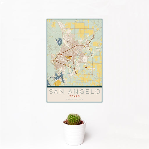 12x18 San Angelo Texas Map Print Portrait Orientation in Woodblock Style With Small Cactus Plant in White Planter