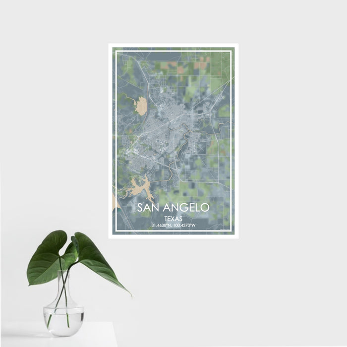 16x24 San Angelo Texas Map Print Portrait Orientation in Afternoon Style With Tropical Plant Leaves in Water