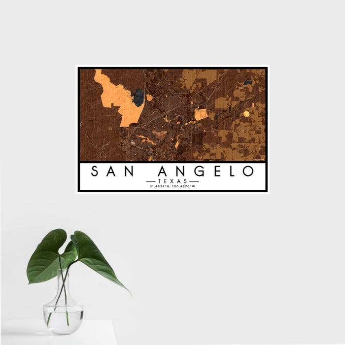 16x24 San Angelo Texas Map Print Landscape Orientation in Ember Style With Tropical Plant Leaves in Water