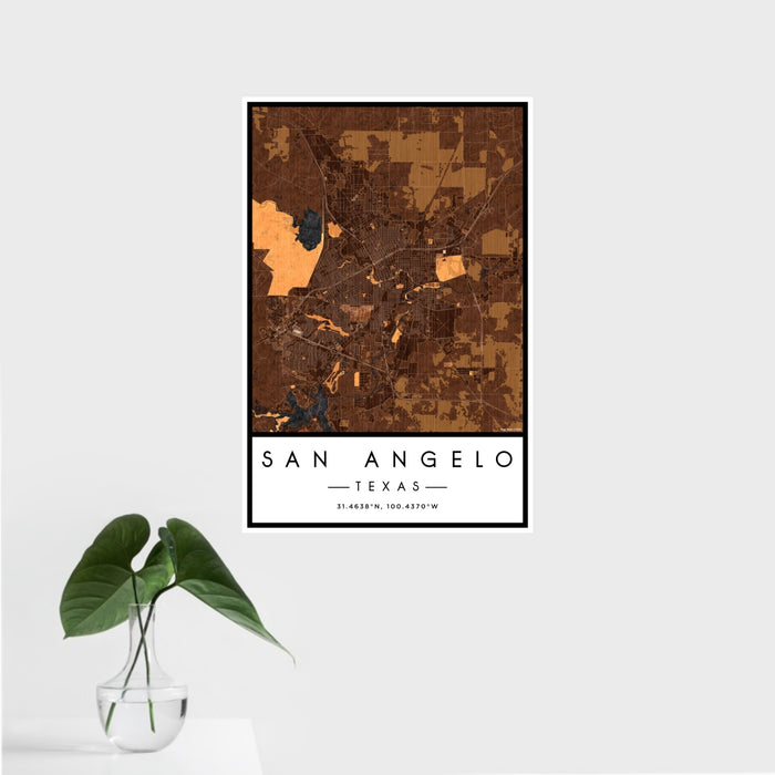 16x24 San Angelo Texas Map Print Portrait Orientation in Ember Style With Tropical Plant Leaves in Water