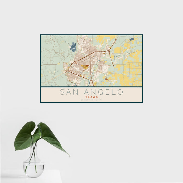 16x24 San Angelo Texas Map Print Landscape Orientation in Woodblock Style With Tropical Plant Leaves in Water