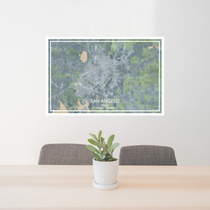 24x36 San Angelo Texas Map Print Lanscape Orientation in Afternoon Style Behind 2 Chairs Table and Potted Plant