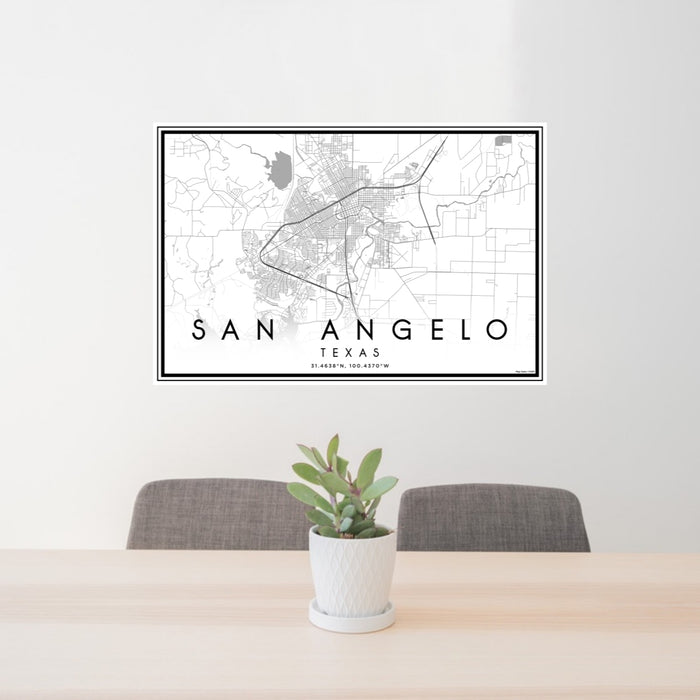 24x36 San Angelo Texas Map Print Lanscape Orientation in Classic Style Behind 2 Chairs Table and Potted Plant