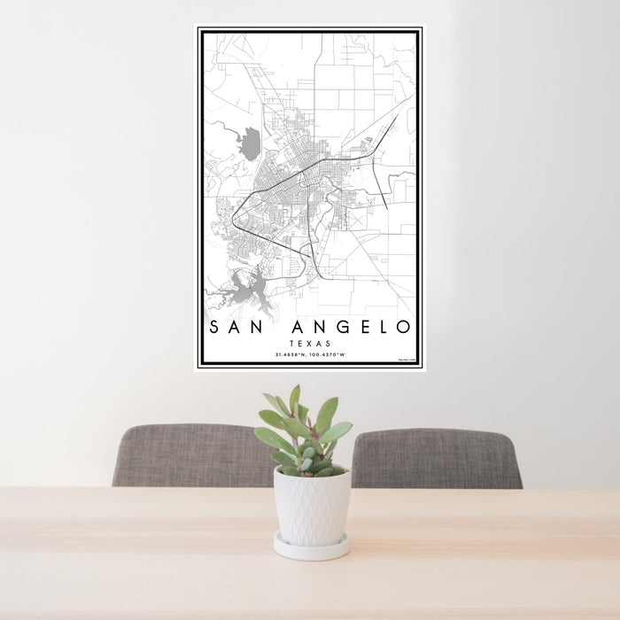 24x36 San Angelo Texas Map Print Portrait Orientation in Classic Style Behind 2 Chairs Table and Potted Plant