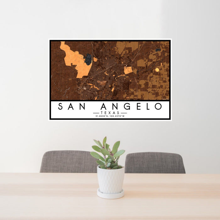 24x36 San Angelo Texas Map Print Lanscape Orientation in Ember Style Behind 2 Chairs Table and Potted Plant