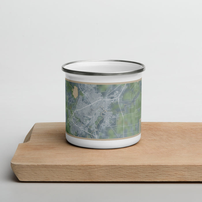 Front View Custom San Angelo Texas Map Enamel Mug in Afternoon on Cutting Board