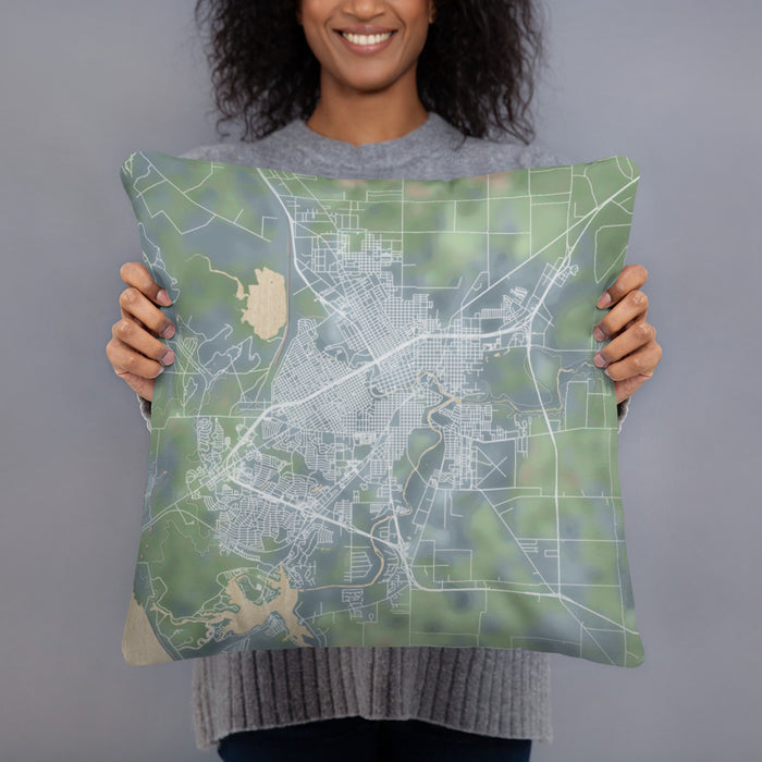 Person holding 18x18 Custom San Angelo Texas Map Throw Pillow in Afternoon