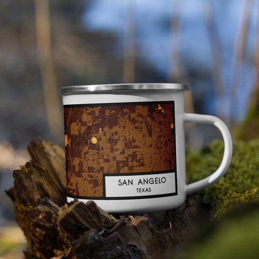 Right View Custom San Angelo Texas Map Enamel Mug in Ember on Grass With Trees in Background