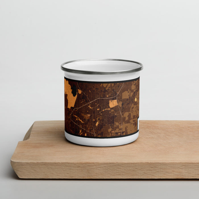 Front View Custom San Angelo Texas Map Enamel Mug in Ember on Cutting Board
