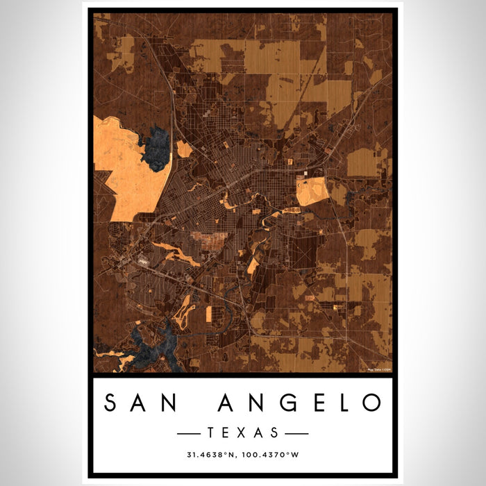 San Angelo Texas Map Print Portrait Orientation in Ember Style With Shaded Background