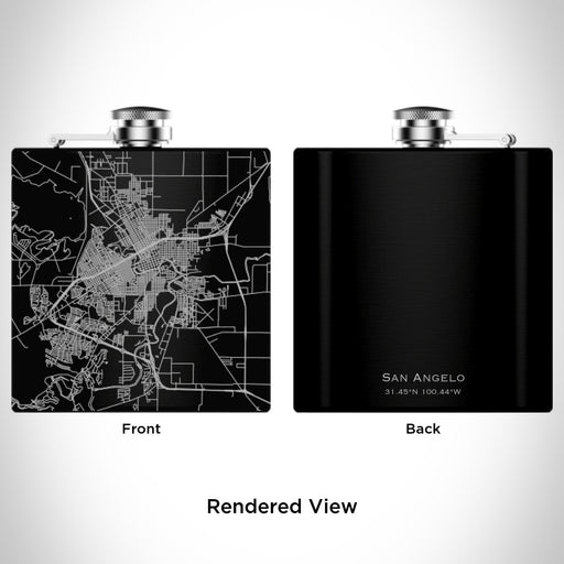 Rendered View of San Angelo Texas Map Engraving on 6oz Stainless Steel Flask in Black